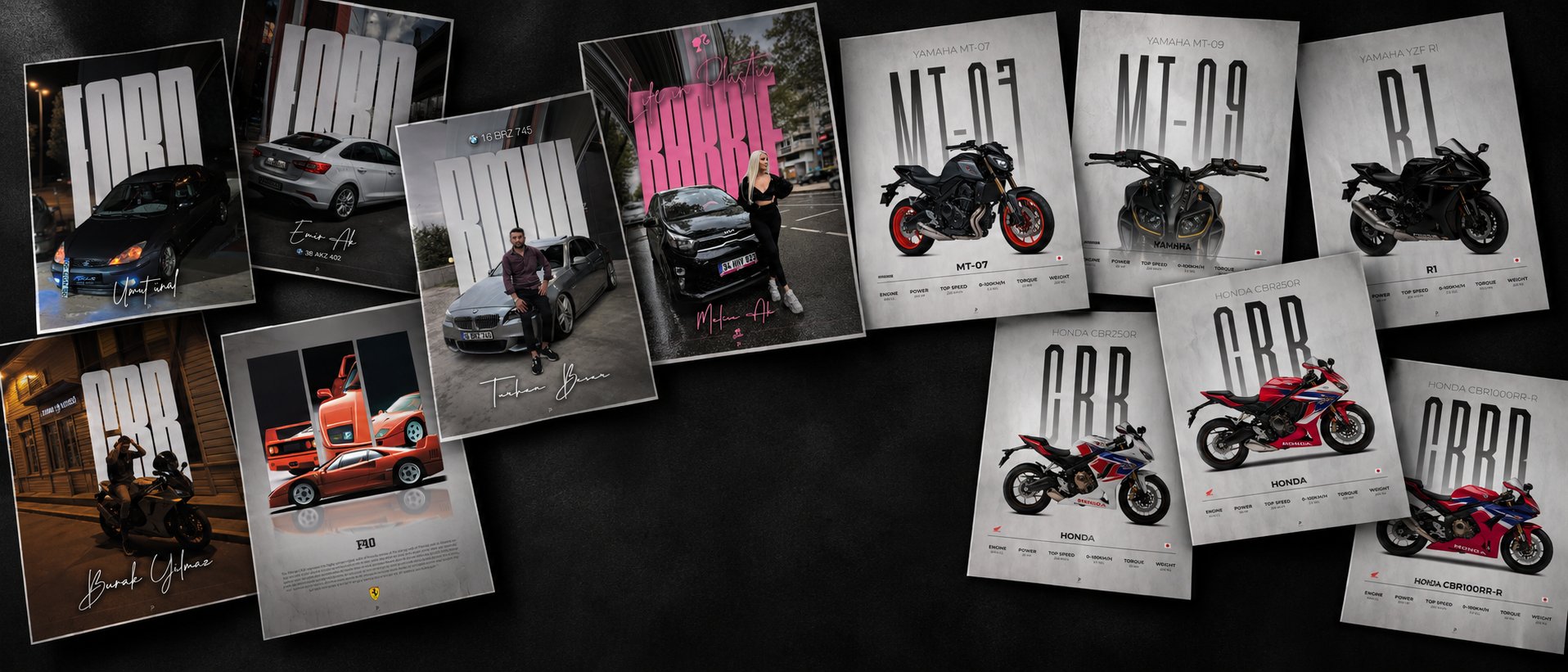 Duvara yayılmış düzinelerce çerçeveli araba ve motosiklet posteri